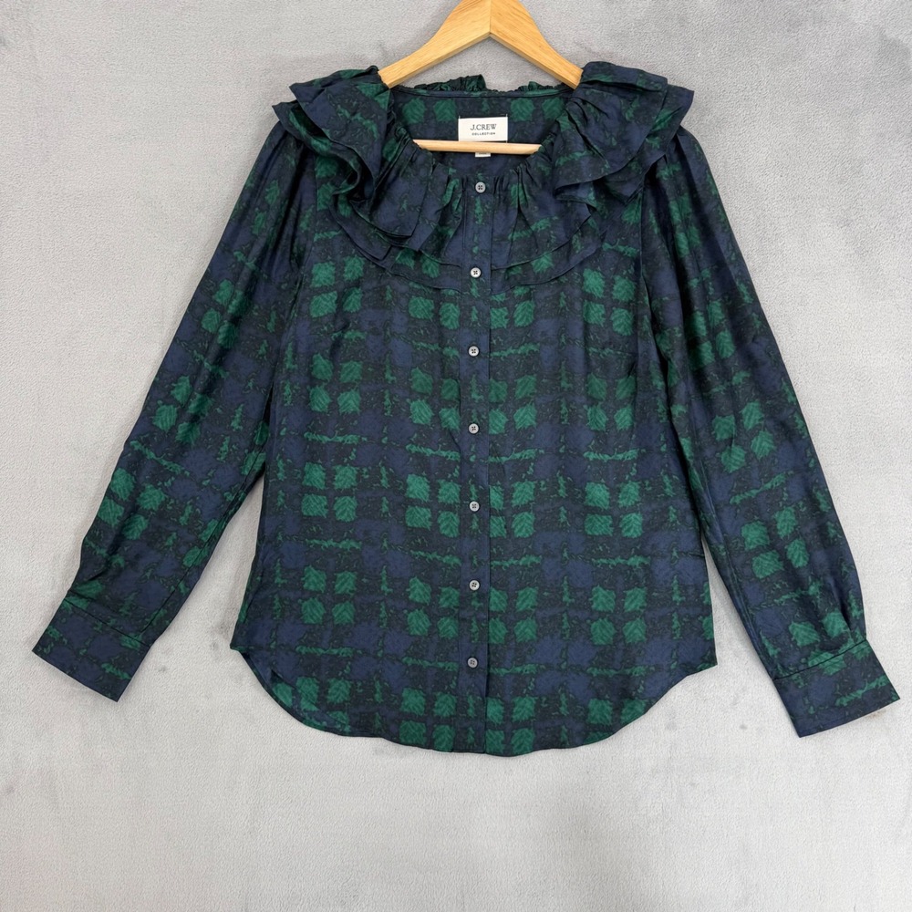 J.Crew Collection 100% Silk‎ Ruffle Collar Blouse Green Navy Blue Ikat Size XS